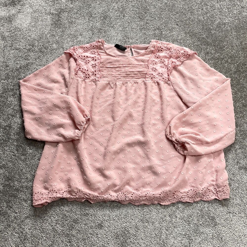 LIV Los Angeles Blouse Top Shirt Womens Plus 1X Pink Long sleeve Embroidered Tee